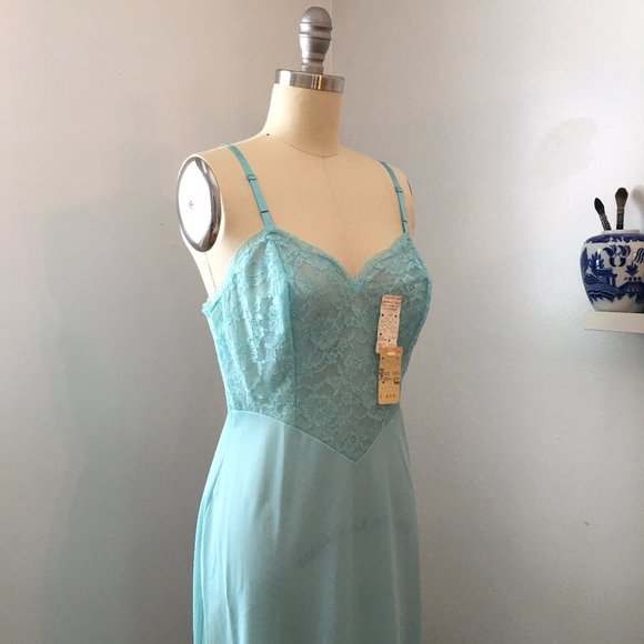Vintage 50s Robin's Egg Blue Lace Full Slip, NWT, 34" Bust, Slip Dress - Picture 11 of 16